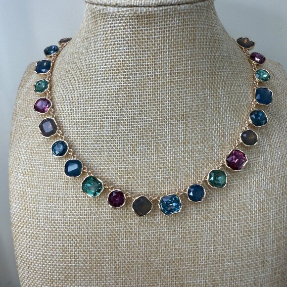 Gold-Tone Necklace With Multi-Colored Glass Gemstones Square & Round Shapes Adju - Picture 4 of 9